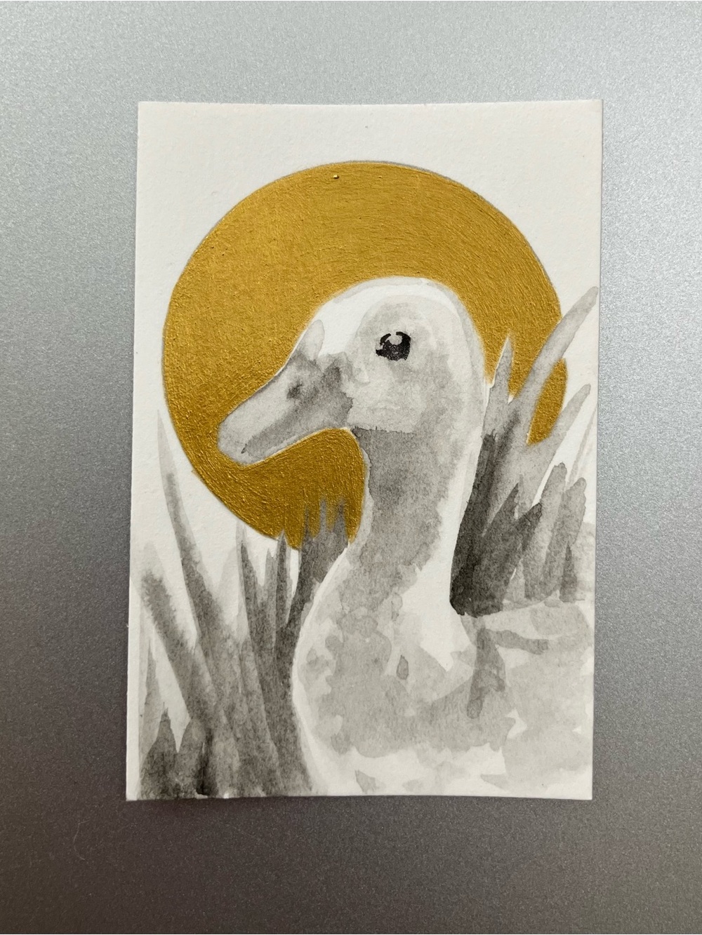 Original duck painting miniature realism fowl art bird sumi-e ink gift USA